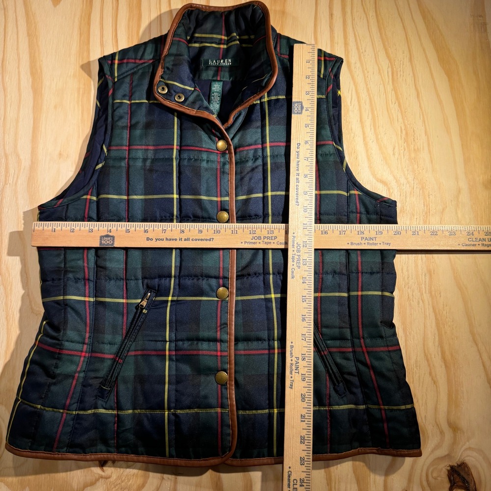 Lauren Ralph Lauren Green Plaid Quilted Vest Leather Trim Snap Front Size Large - Picture 5 of 6
